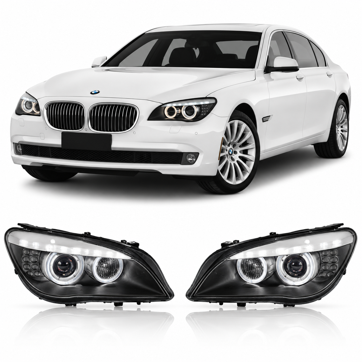 Vekto OEM Xenon HID headlight assembly for BMW 7 Series F01/F02 2009-2013 with AFS, showing the headlight's design and components.