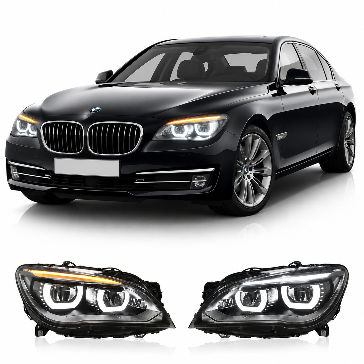 Vekto Angel Eyes LED headlights assembly for BMW 7 Series F02 (2009–2015), showing sleek headlight design with angel eye rings.