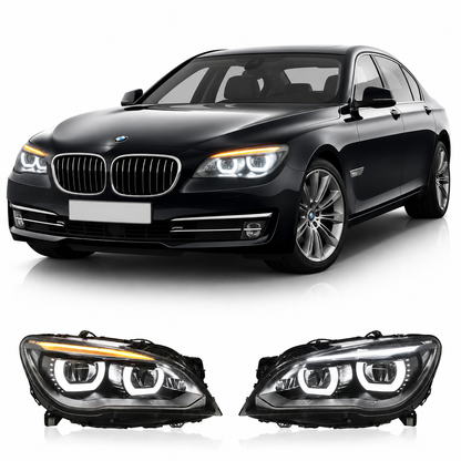 Vekto Angel Eyes LED headlights assembly for BMW 7 Series F02 (2009–2015), showing sleek headlight design with angel eye rings.