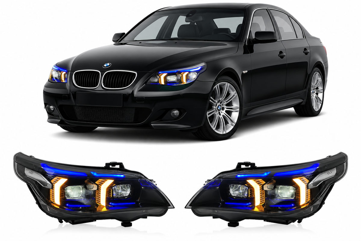 Vekto dual-color snake eyes headlights for BMW E60 5 Series 2003-2010, featuring distinctive snake eye design and dual-color finish.