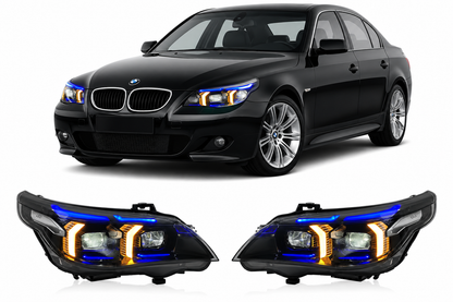Vekto dual-color snake eyes headlights for BMW E60 5 Series 2003-2010, featuring distinctive snake eye design and dual-color finish.