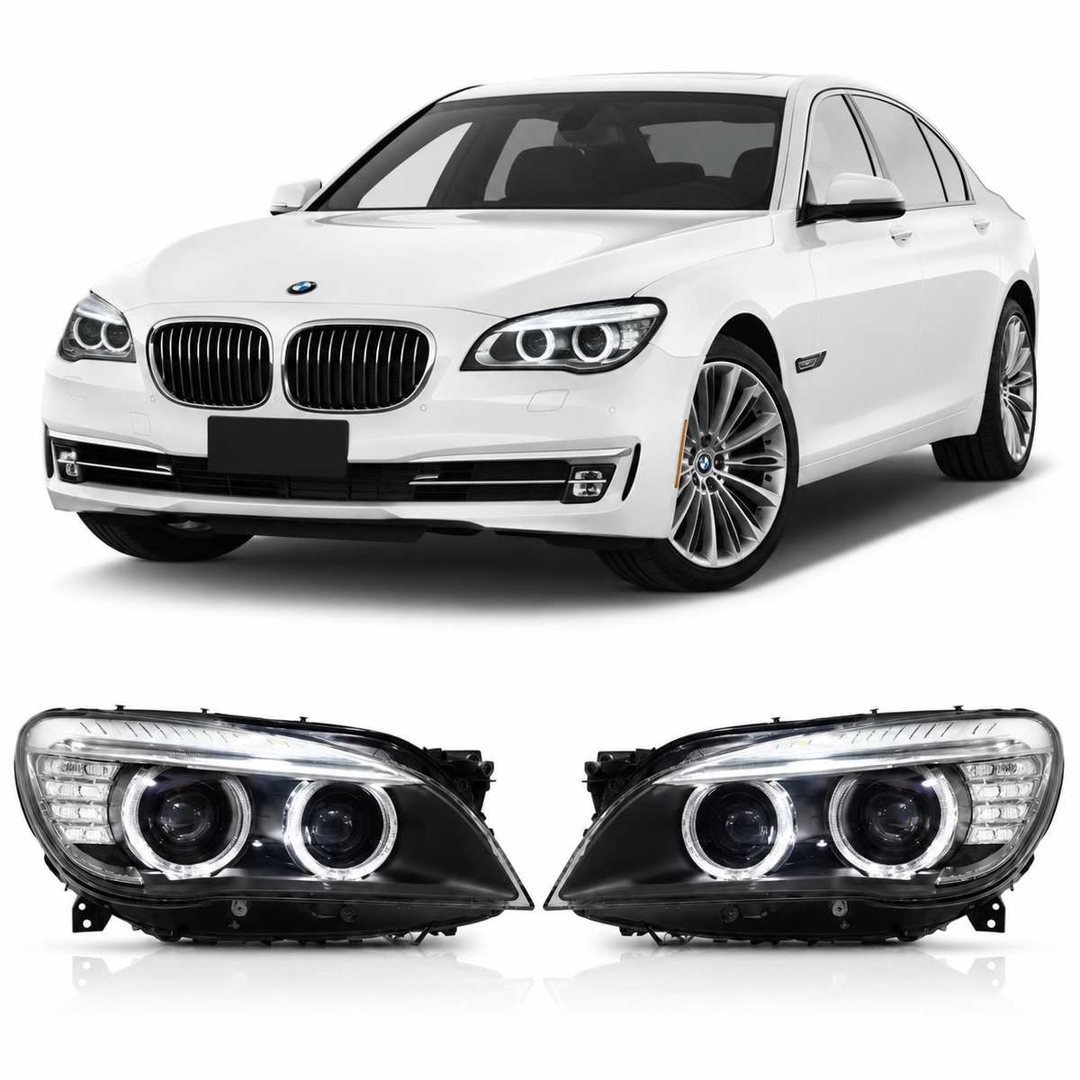 Vekto OEM Xenon HID headlight assembly for BMW 7 Series F01/F02 LCI 2013-2015, showing front view of the headlights.