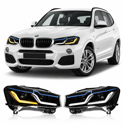 Vekto LED headlights assembly for BMW X3 F25 2014-2017, showcasing sleek headlight units with LED daytime running lights.
