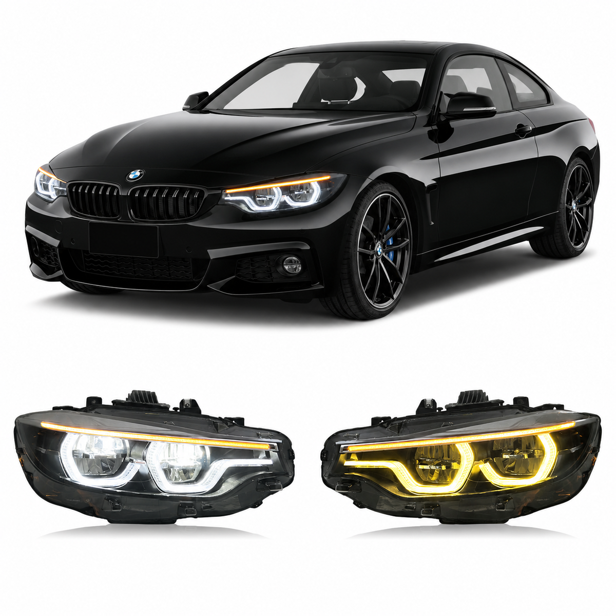 Vekto IKON V2 dual-color laser LED headlights for BMW 4 Series F32/F33/F36 and M4 F82, showcasing sleek headlight design.