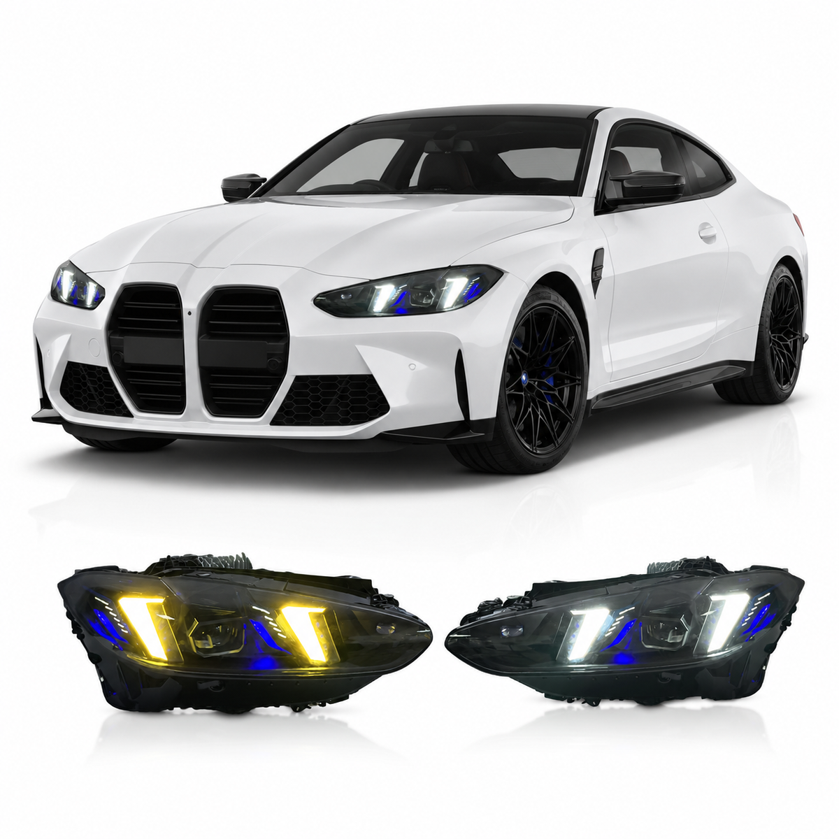 Vekto dual color LED headlights assembly for BMW G22 G23 G80 G82 models, showcasing the modern headlight design.
