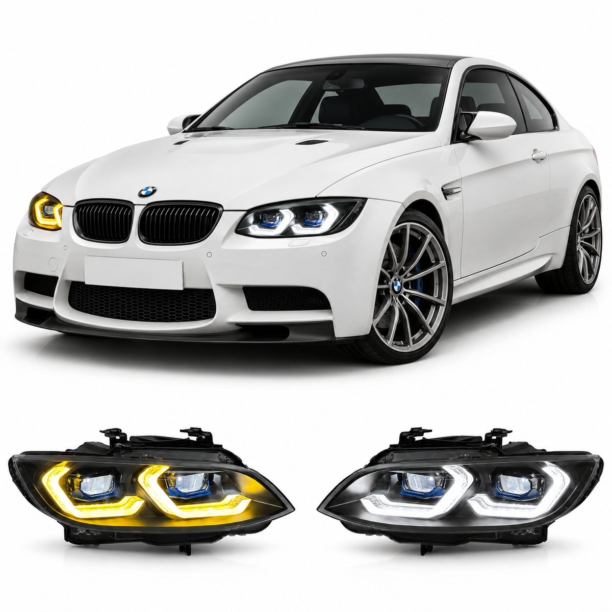Vekto dual color LED headlights assembly for BMW M3 E92 (2006–2009), showing front view of sleek headlight design