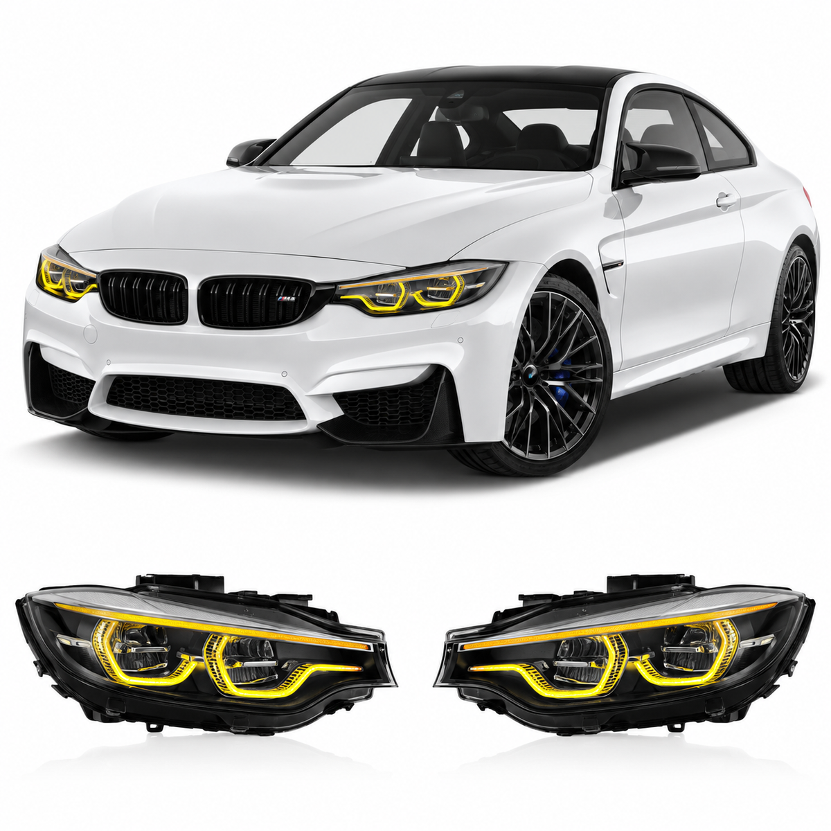 Vekto CSL yellow LED DRL modules installed in BMW F80 M3 and F82/F83 M4 LCI headlights, 2018-2020 model.