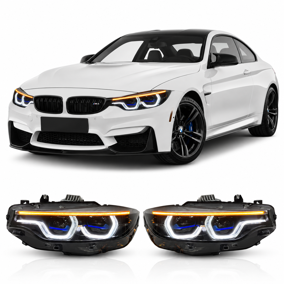 Vekto V3 IKON tri-color LED headlights for BMW M3 F80, F82, F32, F36 models 2014-2020 showing front view with illuminated LEDs