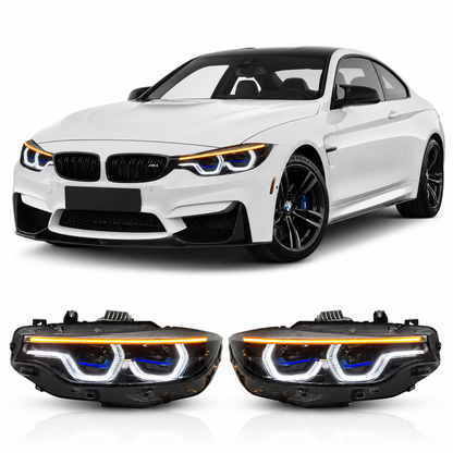 Vekto V3 IKON tri-color LED headlights for BMW M3 F80, F82, F32, F36 models 2014-2020 showing front view with illuminated LEDs