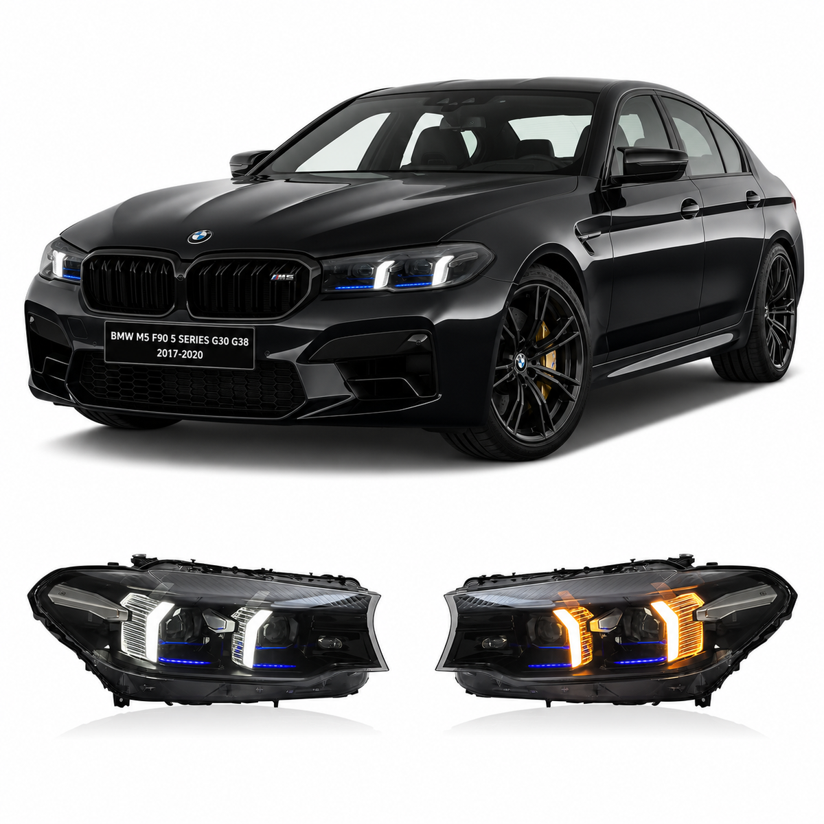 Vekto LED headlights for BMW 5 Series G30/G38 and M5 F90, 2017-2020, showing sleek, modern headlight design with bright illumination.