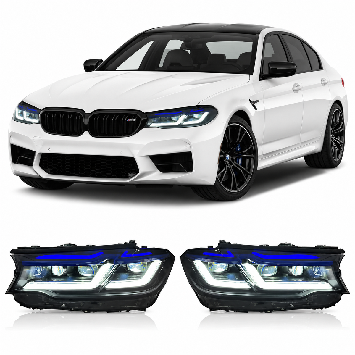 Vekto dual-color LED headlights for BMW G30 G38 5 Series and F90 M5 2018-2020, showcasing modern headlight design and illumination.