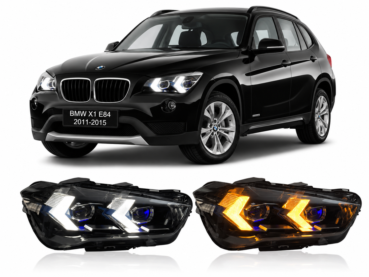 Vekto LED headlights for BMW X1 E84 (2011-2015) showing the headlight assembly with LED bulbs and clear lens.