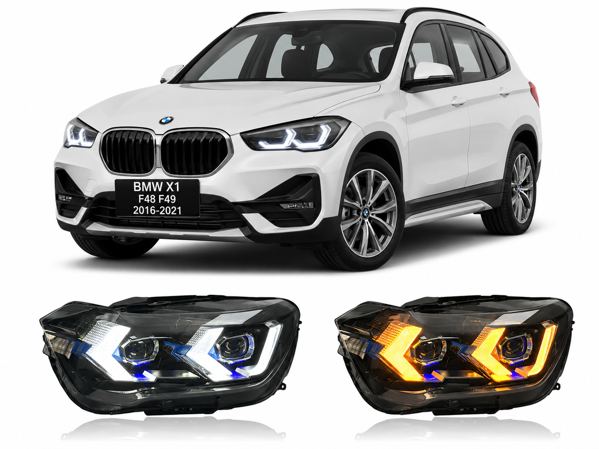 Vekto LED projector headlights for BMW X1 F48 F49 2016-2021, close-up view of sleek, modern headlight assembly.