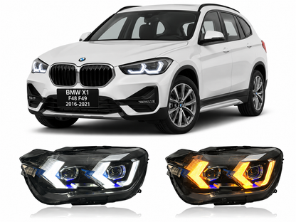 Vekto LED projector headlights for BMW X1 F48 F49 2016-2021, close-up view of sleek, modern headlight assembly.
