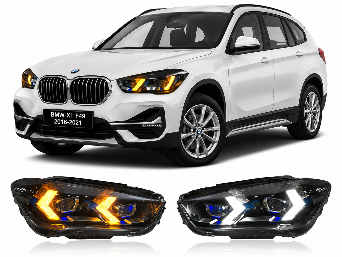 Vekto LED projector headlights for BMW X1 F48/F49 2016-2021, showing close-up of modern headlight assembly with LED components.