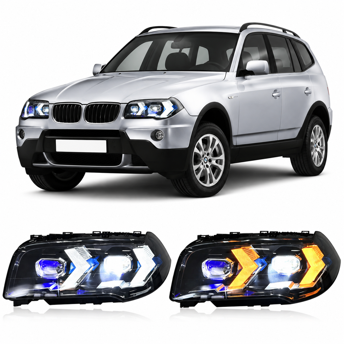 Vekto dual-color laser style LED headlights for BMW X3 E83 2006-2010 showing front view with sleek lighting design