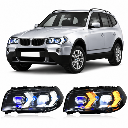 Vekto dual-color laser style LED headlights for BMW X3 E83 2006-2010 showing front view with sleek lighting design
