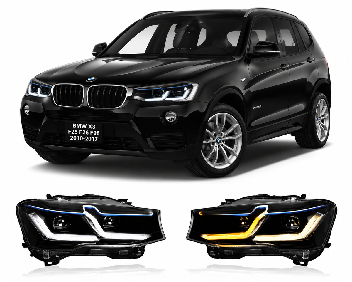 Vekto LED headlights for BMW X3 F25 F26 2010-2017, plug-and-play headlight assembly showing front view with LED bulbs