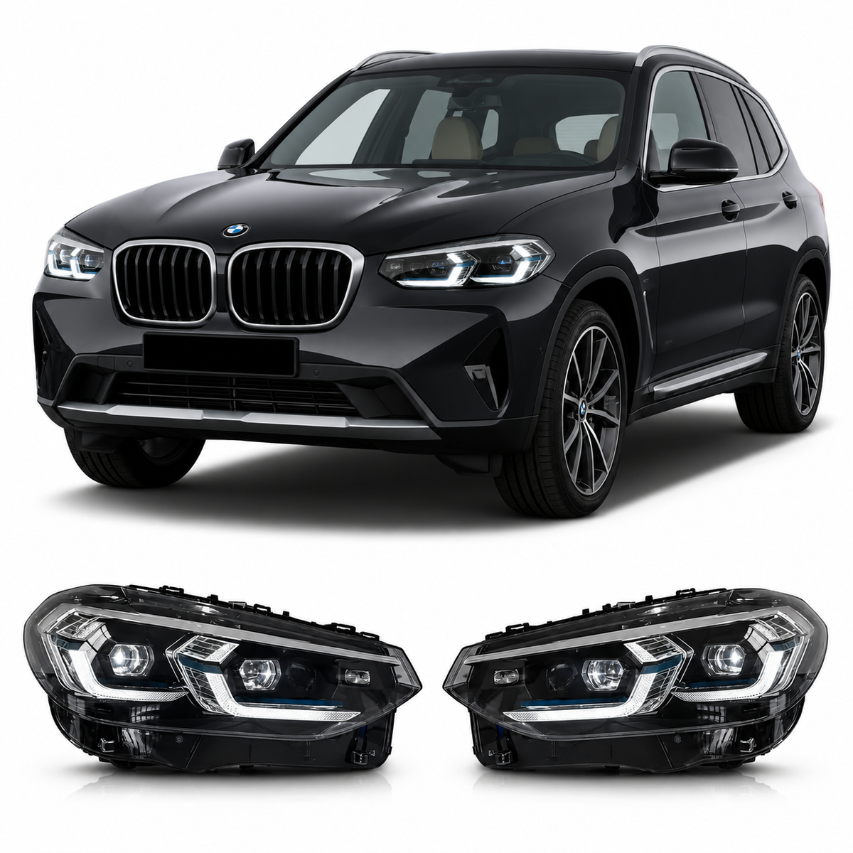 Vekto LED headlights for BMW X3 G01 G08 2018-2021, showing the sleek headlight assembly with LED lighting elements.