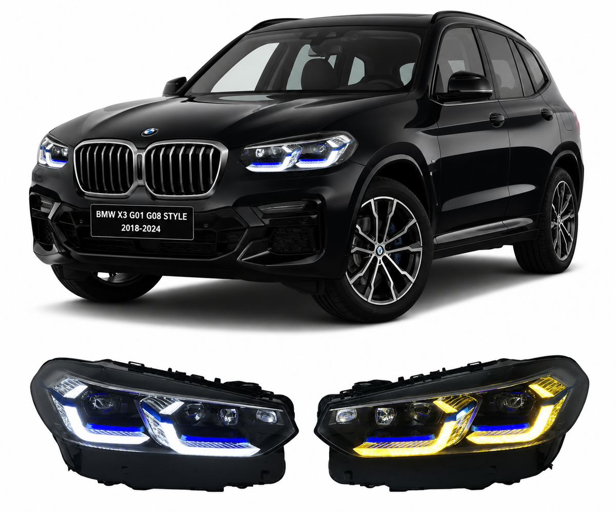 Vekto dual-color LED headlights for BMW X3 G01 G08 2018-2024, showcasing sleek headlight design with bright illumination