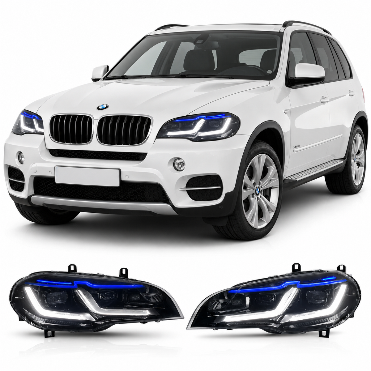 Vekto dual color LED angel eyes headlights assembly for BMW X5 E70 2007-2013, showing front view with bright LED rings
