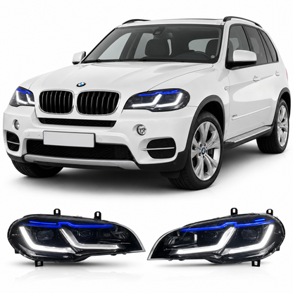 Vekto dual color LED angel eyes headlights assembly for BMW X5 E70 2007-2013, showing front view with bright LED rings