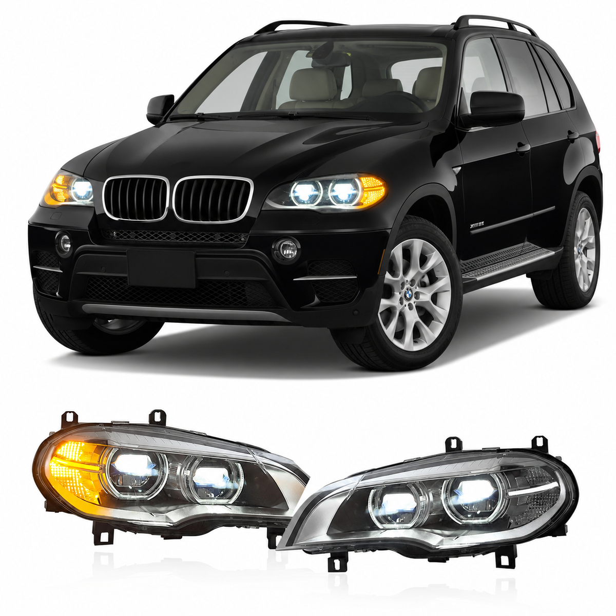 Vekto LED headlights for BMW X5 E70 2007-2013, showing the sleek, modern design and clear lens on the vehicle.