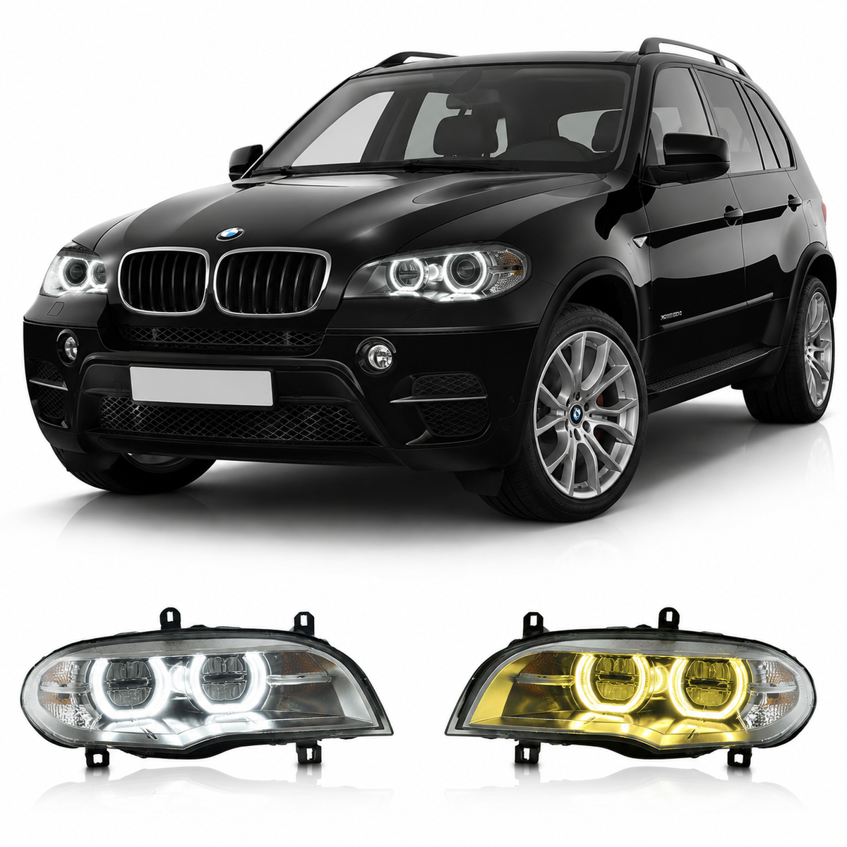Vekto Angel Eyes dual color LED headlights assembly for BMW X5 E70 2008-2013, showcasing sleek headlight design with LED accents.