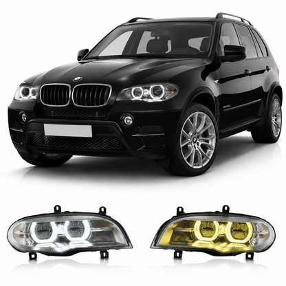 Vekto Angel Eyes dual color LED headlights assembly for BMW X5 E70 2008-2013, showcasing sleek headlight design with LED accents.