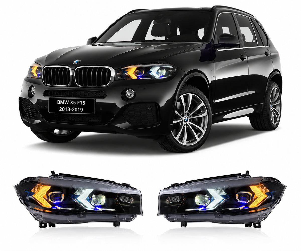 Vekto Laser LED headlights for BMW X5 F15 2013-2019, close-up of the sleek, modern headlight design for this SUV model.