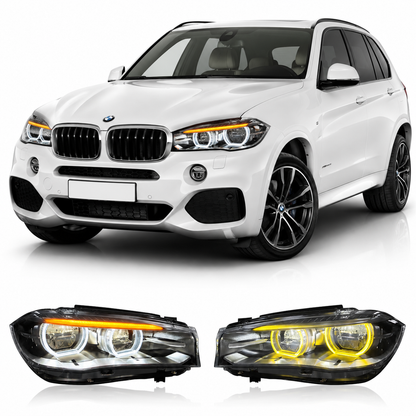 Vekto dual color LED headlights assembly for BMW X5 F15 (2014–2018), showing the sleek headlight design with dual color LEDs.