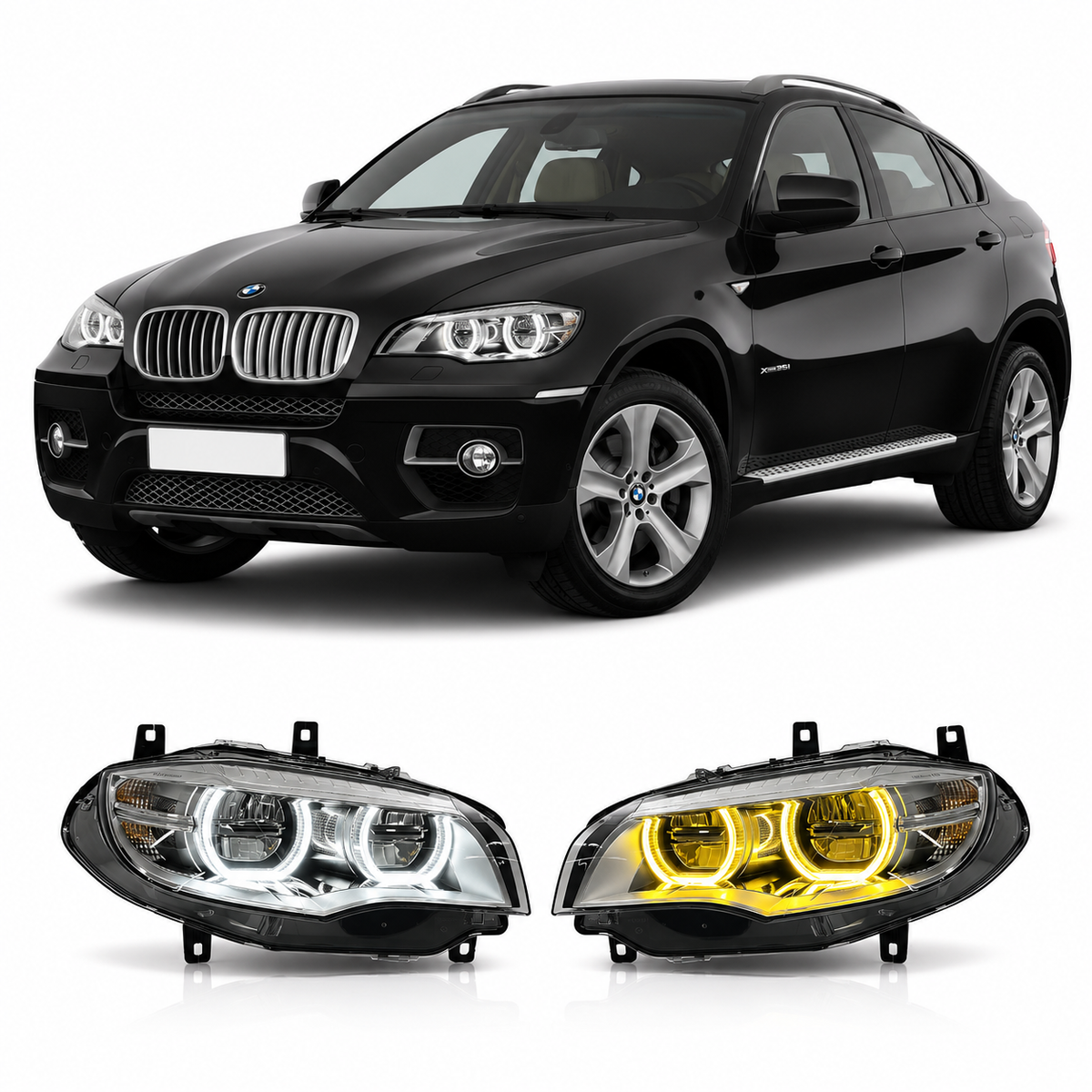 Vekto dual-color angel eye LED headlights for BMW X6 E71 2008-2014, showcasing sleek headlight design with bright angel rings