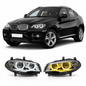 Vekto dual-color angel eye LED headlights for BMW X6 E71 2008-2014, showcasing sleek headlight design with bright angel rings
