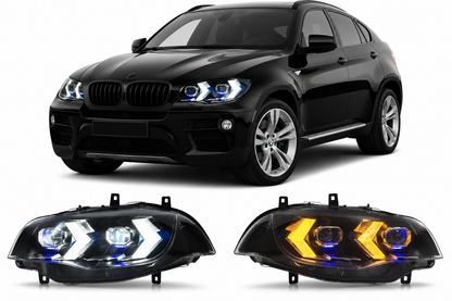 Vekto dual-color LED headlights for BMW X6 E71 2008-2014, showcasing sleek headlight design with bright LED lighting.