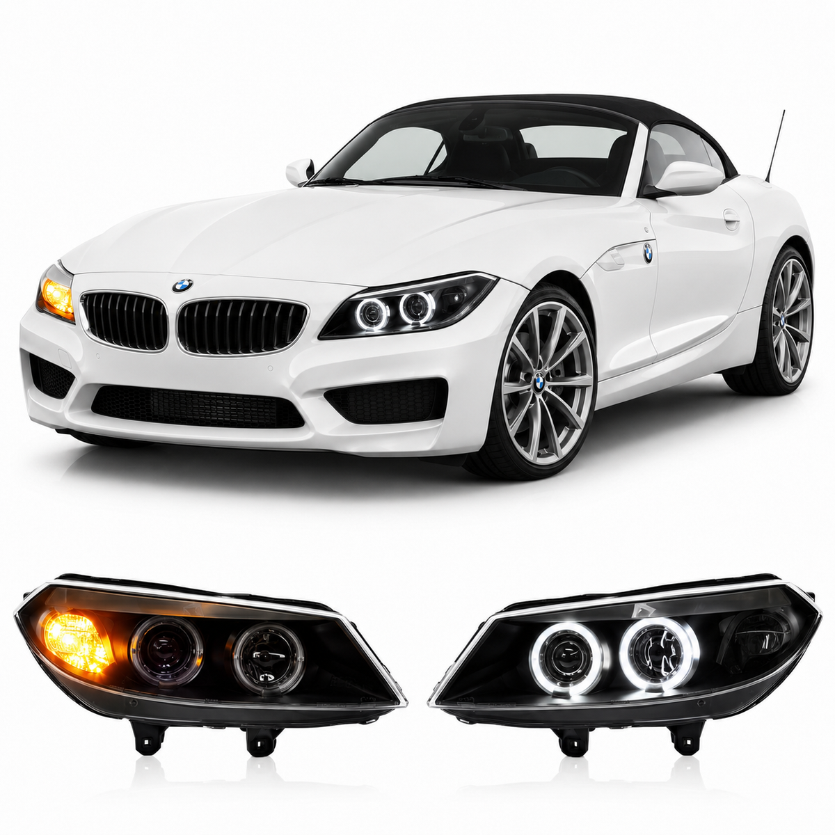 Vekto LED headlights assembly for BMW Z4 E85 (2003–2008), showing the clear lens and modern headlight design.