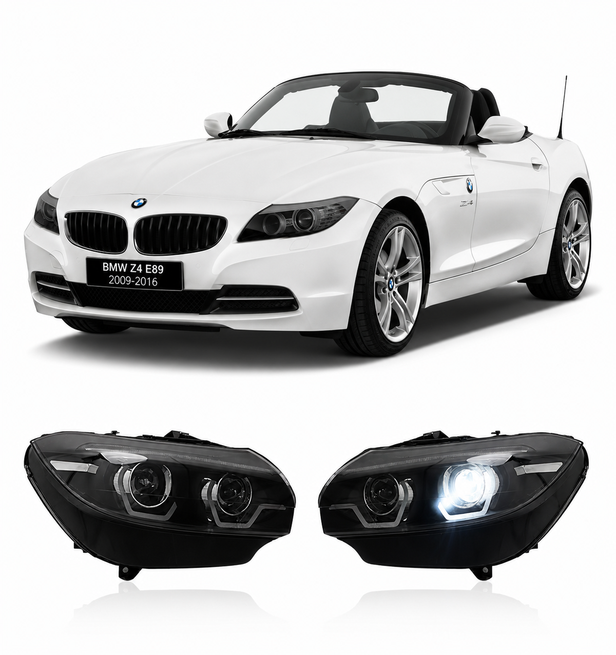 Vekto LED headlights for BMW Z4 E89 2009-2016, front view showing modern headlight design with LED bulbs and clear lens.