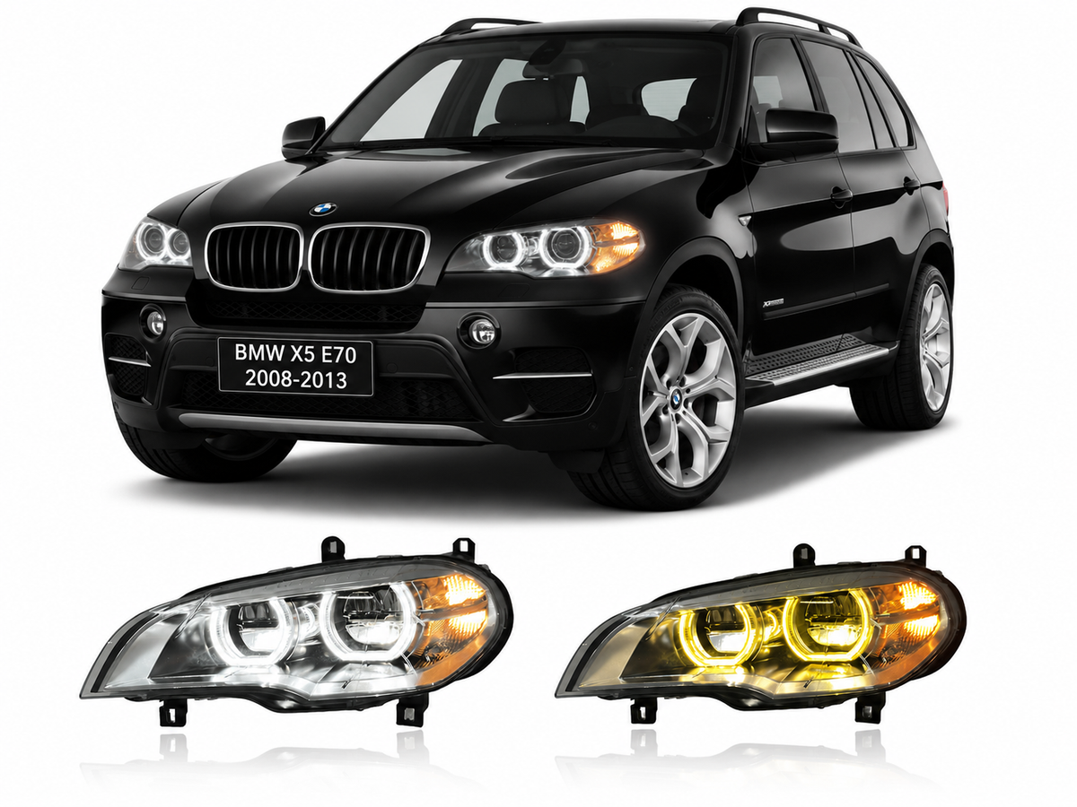 Vekto LED headlights for BMW X5 E70 2008-2013, showing the sleek headlight design with bright LED bulbs and clear lens.