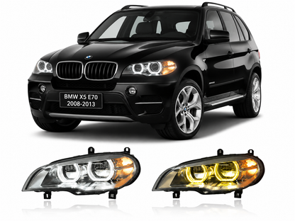 Vekto LED headlights for BMW X5 E70 2008-2013, showing the sleek headlight design with bright LED bulbs and clear lens.