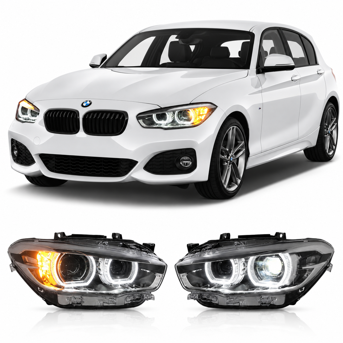 Vekto LED headlights for BMW 1 Series F20 2015-2018, front view showing sleek design and bright illumination.