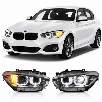 Vekto LED headlights for BMW 1 Series F20 2015-2018, front view showing sleek design and bright illumination.