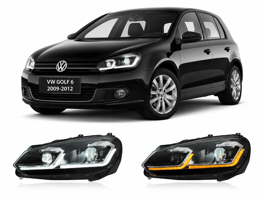 Vekto LED headlights for Volkswagen Golf Mk6 2013-2017, front view showing sleek headlight design with daytime running lights.