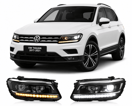 Vekto LED headlights for Volkswagen Tiguan 2017-2021, plug-and-play headlight assembly showing illuminated modern headlight units.