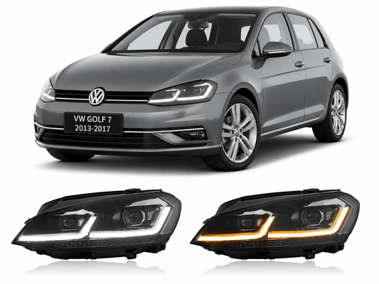 Vekto LED headlights for Volkswagen Golf Mk7 and Mk7.5, close-up of sleek headlight design with bright LED bulbs.