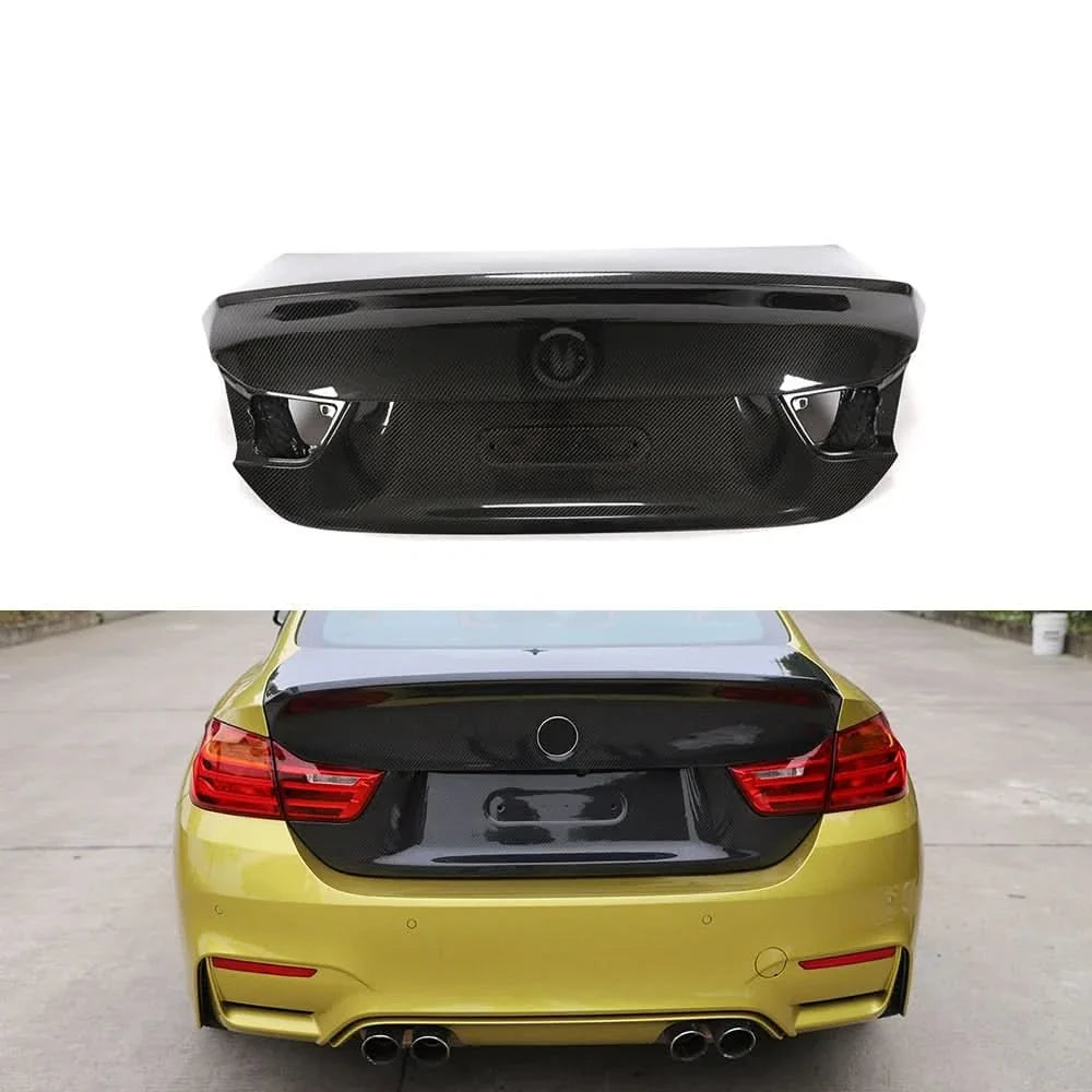 Carbon fiber trunk lid with high ducktail for BMW F32 4-Series and F82 M4 coupe, by K2 Industries, showing sleek aerodynamic design.