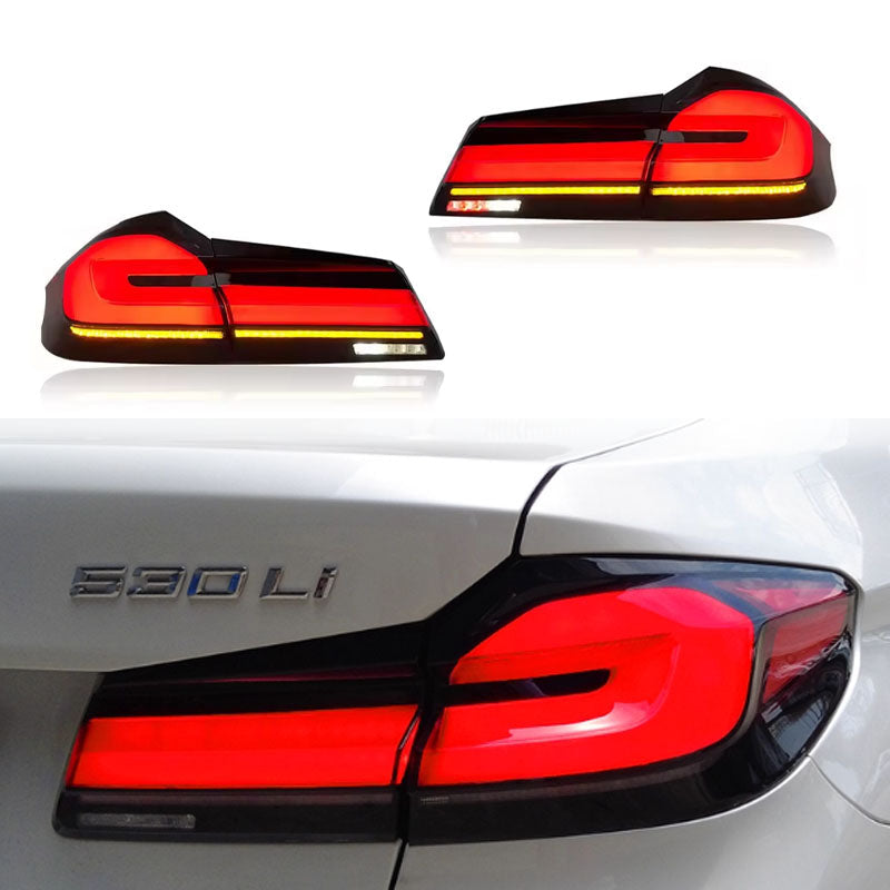 Vekto LED tail lights for BMW 5 Series G30 G38, showcasing sleek taillight design with illuminated red and clear lenses.