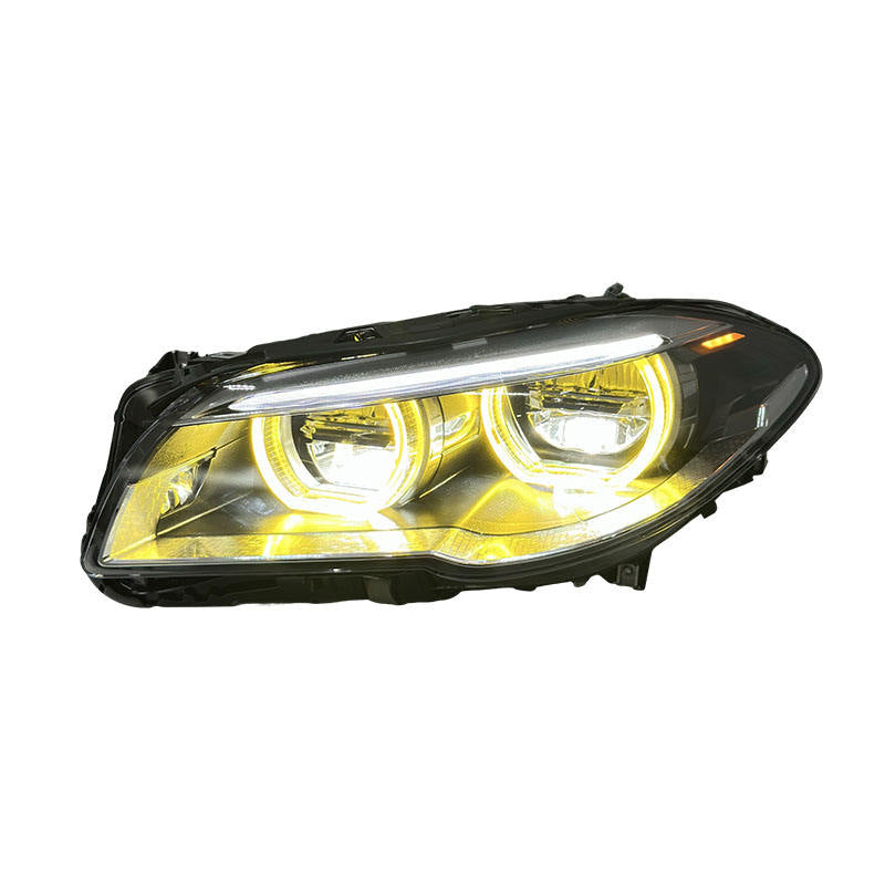 Vekto dual color angel eyes LED headlights assembly for BMW 5 Series F10 F18 2011-2017, showing close-up of headlights with angel eye rings.