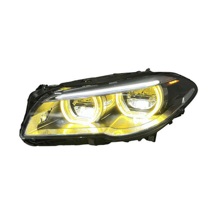 Vekto dual color angel eyes LED headlights assembly for BMW 5 Series F10 F18 2011-2017, showing close-up of headlights with angel eye rings.