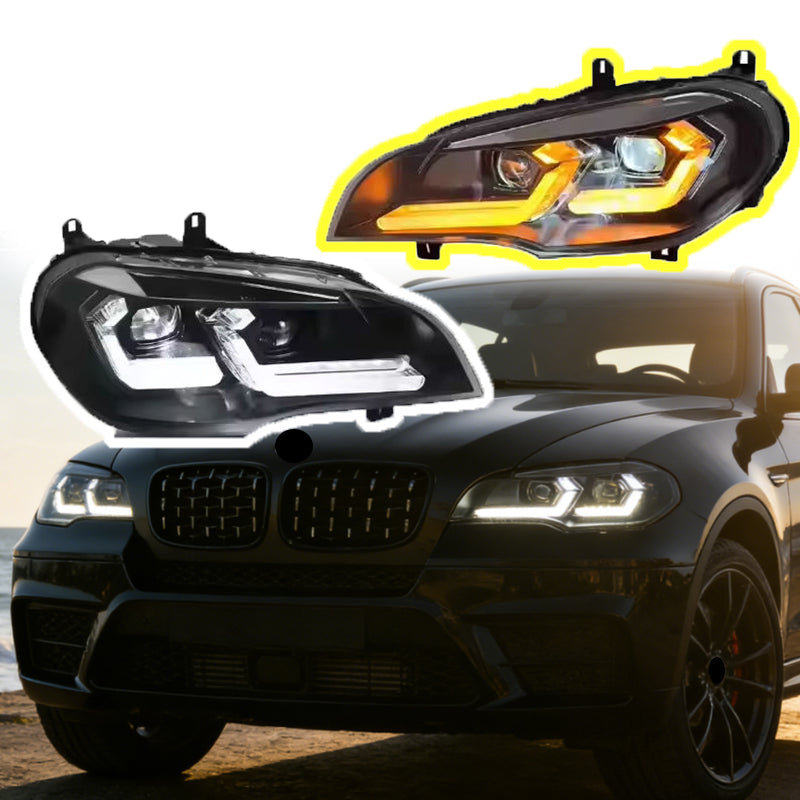 Vekto Laser Style LED Headlights for BMW X5 E70 2007-2013, showing close-up of the sleek headlight design and LED detailing.