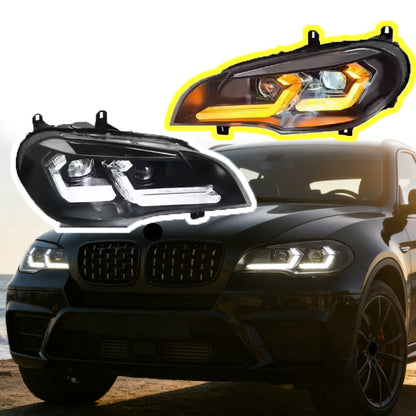 Vekto Laser Style LED Headlights for BMW X5 E70 2007-2013, showing close-up of the sleek headlight design and LED detailing.