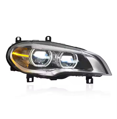 Vekto dual color LED angel eyes headlights assembly for BMW X5 E70 2007–2013, showing close-up of the headlight design.